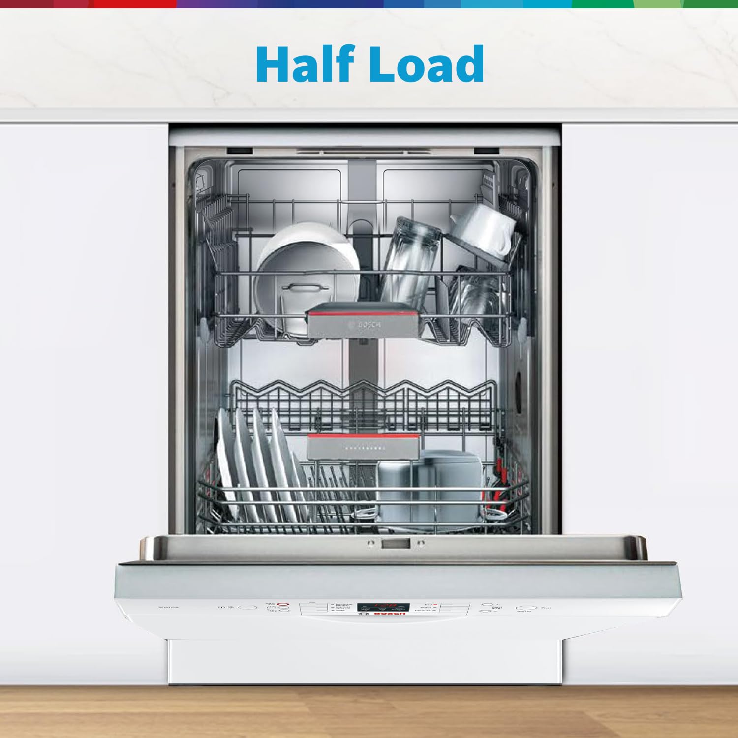 Bosch 13 Place Setting Dishwasher with Intensive Kadhai Program, No Pre-Rinse, 70⁰ Hot water wash, Half Load Option & Extra Cutlery Box - (SMS66GW01I, White, Glass Protection Technology)