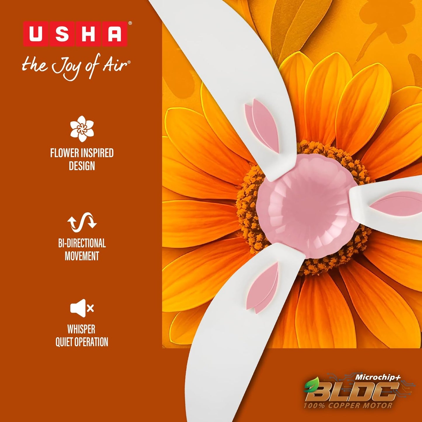 USHA New Bloom Series Helenium (Inspired by Helenium) BLDC Ceiling Fan with Bi-Directional Feature | Sleep/Boost/Timer Modes | RF Remote | Whisper-Quiet | Dust-Resistant (White & Light Pink)