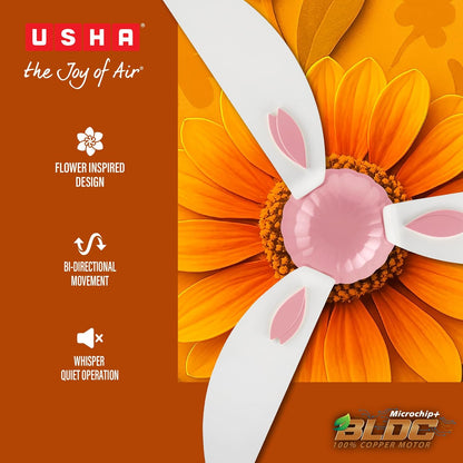 USHA New Bloom Series Helenium (Inspired by Helenium) BLDC Ceiling Fan with Bi-Directional Feature | Sleep/Boost/Timer Modes | RF Remote | Whisper-Quiet | Dust-Resistant (White & Light Pink)