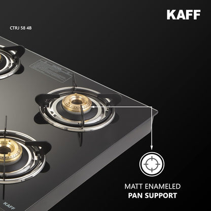 KAFF Cooktop | 4 Burners with Slim Line Design 58 CM | 1 Jumbo burner | High Efficiency Brass Burners, Black Tempered Glass | Matt Enamelled Pan Support | Black | CTRJ58-4B