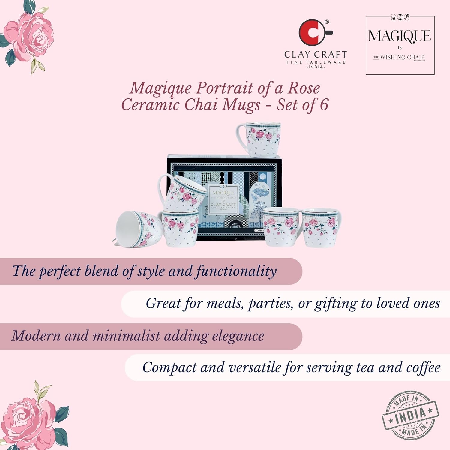 Magique by The Wishing Chair x ClayCraft : Portrait of a Rose Ceramic Chai Mugs - Set of 6 | 180 ml | Elegant Design Mugs for Coffee | Ideal for Gifting | Perfect for Home & Office