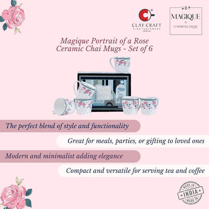 Magique by The Wishing Chair x ClayCraft : Portrait of a Rose Ceramic Chai Mugs - Set of 6 | 180 ml | Elegant Design Mugs for Coffee | Ideal for Gifting | Perfect for Home & Office