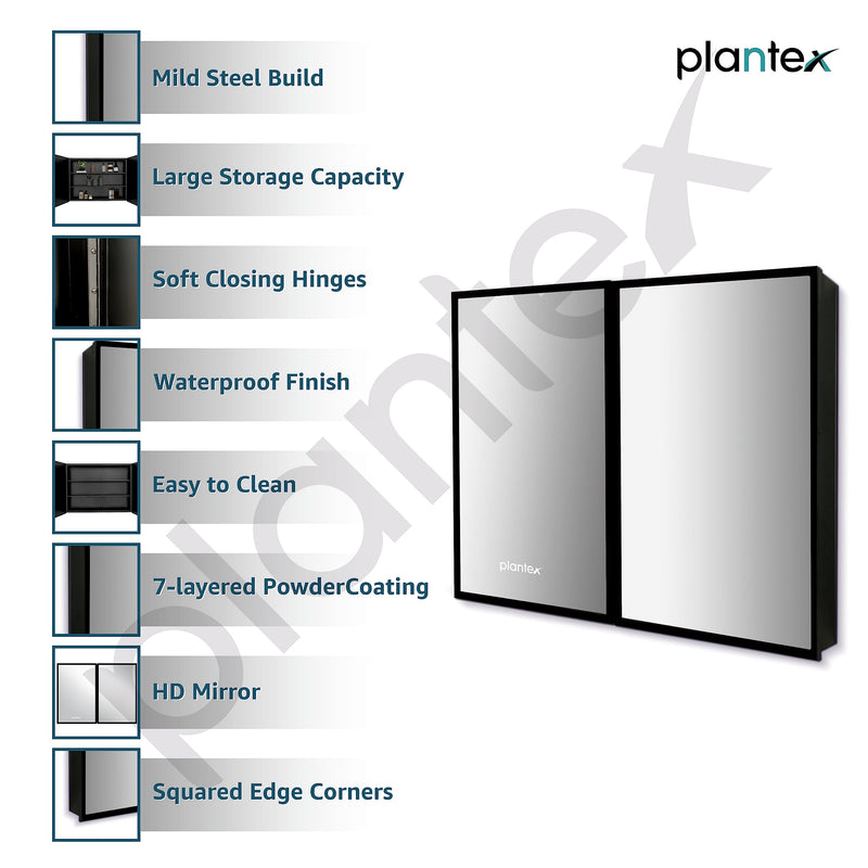 Plantex Bathroom Cabinet with Mirror/Aluminium Framed Double Door Bathroom Cabinet Storage/Mirror Cabinet for Bathroom Wall/Bathroom Organiser Cabinet (24x32 Inch, Black)-3