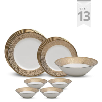Clay Craft Fine Ceramic Georgian Ebony Floral Dinner Set (Set of 13) (E646), Enchanting Gold, for Family of 4, Dinner Set Ceramic, Dining Set for Dinner, Crockery Set for Gift, Kitchen Set for Home