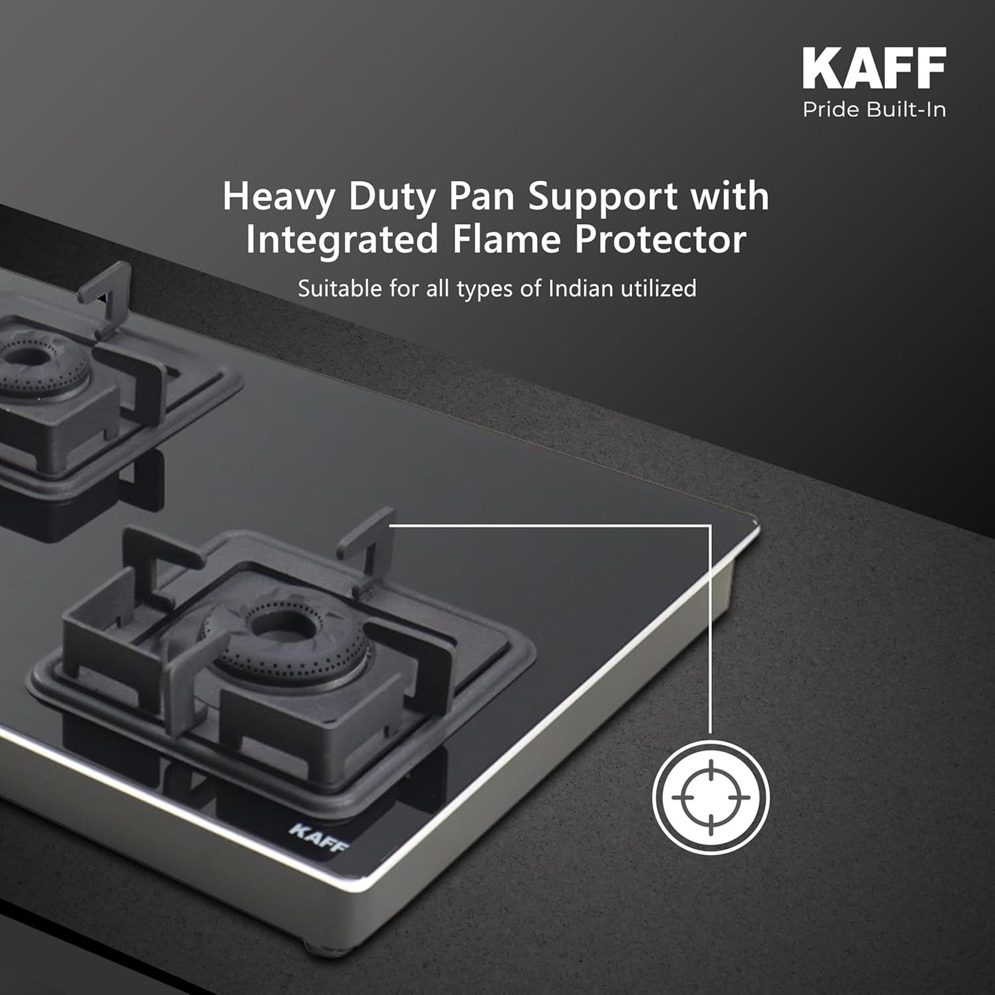 KAFF Gas Stove/Cooktop 3 Burners 77 CM, Black Coated Brass Burners With Auto Electric Ignition, Decorative SS Moulded Strip on All Sides for Edge Protection Black | CTQ773BAI