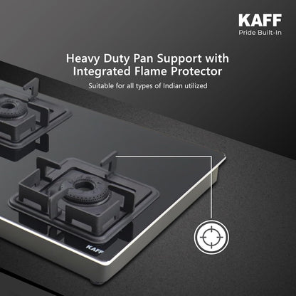 KAFF Gas Stove/Cooktop 3 Burners 77 CM, Black Coated Brass Burners With Auto Electric Ignition, Decorative SS Moulded Strip on All Sides for Edge Protection Black | CTQ773BAI