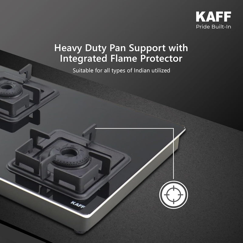 KAFF Gas Stove/Cooktop 3 Burners 77 CM, Black Coated Brass Burners With Auto Electric Ignition, Decorative SS Moulded Strip on All Sides for Edge Protection Black | CTQ773BAI