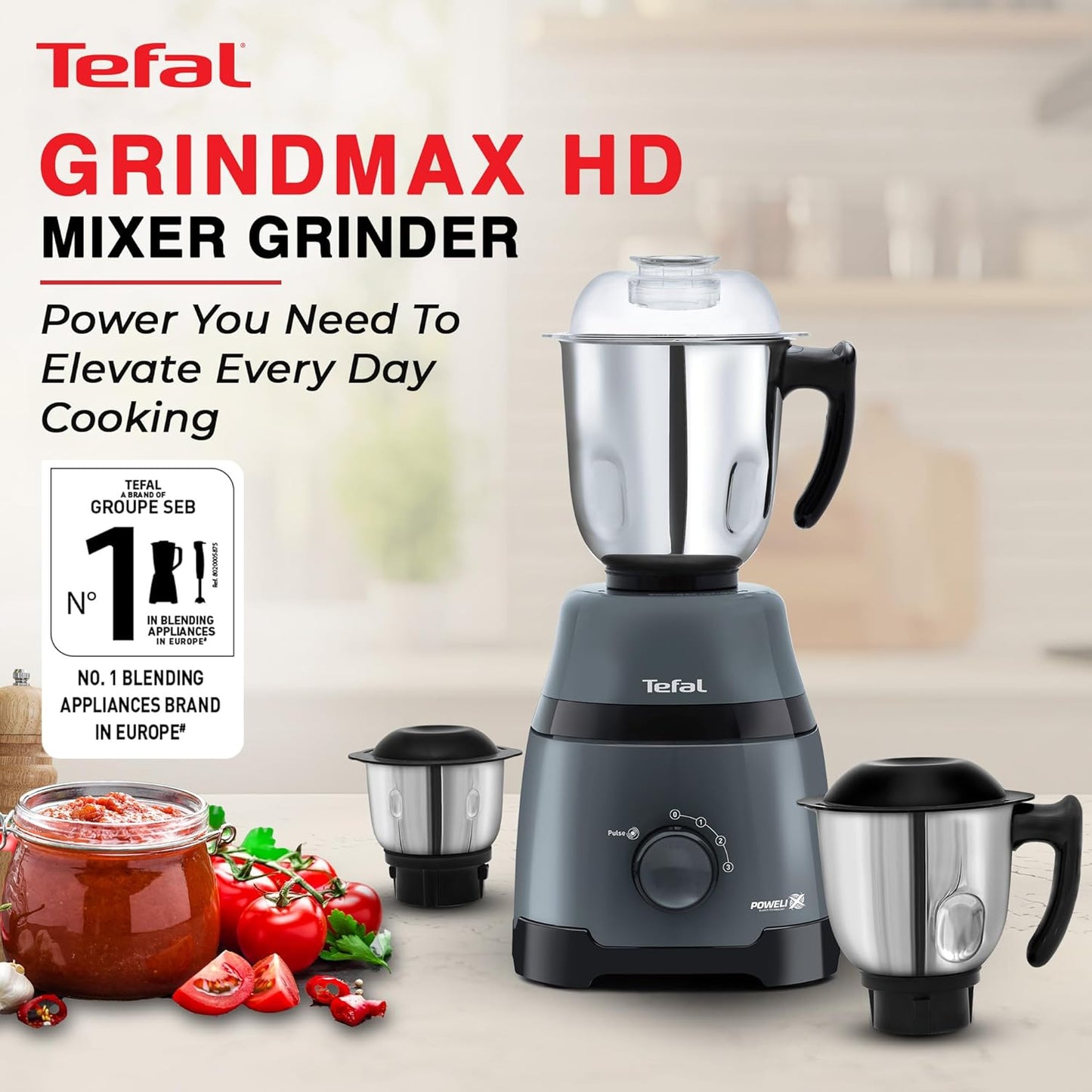 Tefal Grindmax HD 1000W Copper Motor with Durable Ball Bearing Mixer Grinder with 3 Leak-Proof Heavy Duty Jars, High-Speed 20,000 RPM Motor, Europe’s No.1 Brand, Best Mixer Grinder for Indian Cooking
