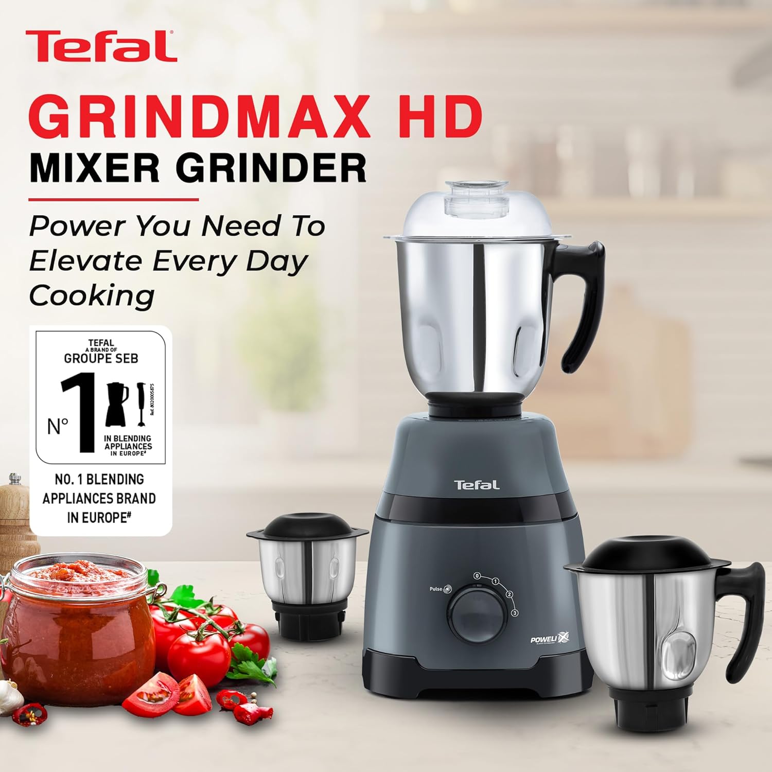 Tefal Grindmax HD 1000W Copper Motor with Durable Ball Bearing Mixer Grinder with 3 Leak-Proof Heavy Duty Jars, High-Speed 20,000 RPM Motor, Europe’s No.1 Brand, Best Mixer Grinder for Indian Cooking