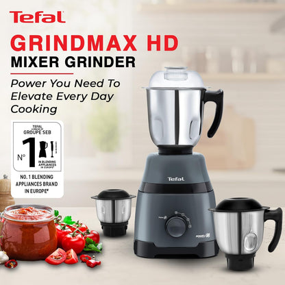 Tefal Grindmax HD 1000W Copper Motor with Durable Ball Bearing Mixer Grinder with 3 Leak-Proof Heavy Duty Jars, High-Speed 20,000 RPM Motor, Europe’s No.1 Brand, Best Mixer Grinder for Indian Cooking
