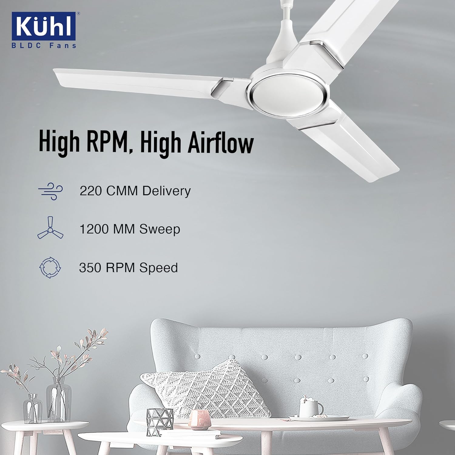 KUHL Prima A3 1200mm BLDC Ceiling Fan with Remote | 5-Star Rated | High Airflow | Saves up to 65% Electricity | 5-Year Brand Warranty | White