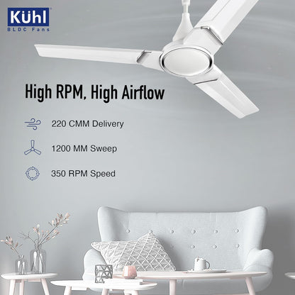 KUHL Prima A3 1200mm BLDC Ceiling Fan with Remote | 5-Star Rated | High Airflow | Saves up to 65% Electricity | 5-Year Brand Warranty | White