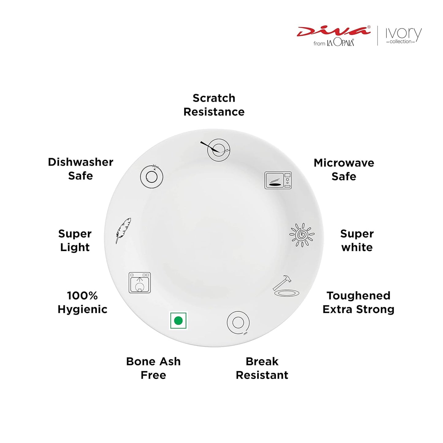 La Opala Diva, Ivory Collection, Opal Glass Dinner Set 35 pcs, Grace Red, White, Standard