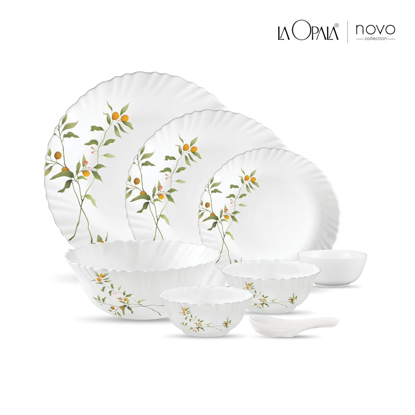 La Opala Novo Collection Opal Glass Crockery | for Family of 6 | Dinner Set 35 pcs Vivid Greens | Plates & Bowls for Dining | Microwave Safe | 100% Vegetarian | Extra Strong | Light & White