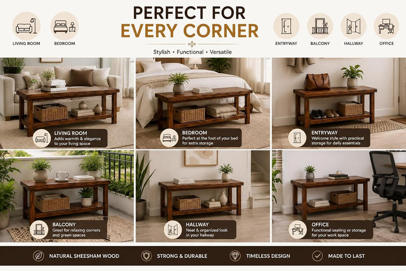 Solid Sheesham Wood Storage Bench with Open Shelf | Wooden Hallway Bench for Entryway, Living Room & Bedroom | 