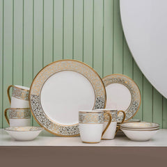 Clay Craft Fine Ceramic Ebony Dinner Set, Enchanting Gold, for Family of 4, Dinner Set Ceramic, Crockery Set, Dining Set for Dinner, Crockery Set for Gift, Kitchen Set (16 Pieces, E649)