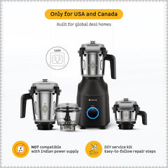 Atomberg Tavi Mixer Grinder | 𝟏𝟏𝟎𝐕 𝐎𝐧𝐥𝐲 𝐟𝐨𝐫 𝐔𝐒 & 𝐂𝐚𝐧𝐚𝐝𝐚 | Unique Coarse Mode for Silbatta-Like Texture | Intelligent 600W Motor | 4 Jars Including Chopper Jar | Matte Black