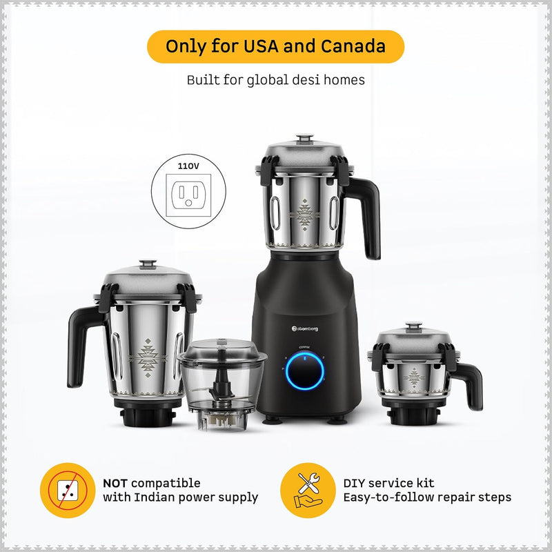 Atomberg Tavi Mixer Grinder | 𝟏𝟏𝟎𝐕 𝐎𝐧𝐥𝐲 𝐟𝐨𝐫 𝐔𝐒 & 𝐂𝐚𝐧𝐚𝐝𝐚 | Unique Coarse Mode for Silbatta-Like Texture | Intelligent 600W Motor | 4 Jars Including Chopper Jar | Matte Black