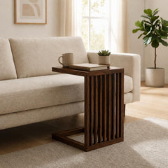 Solid Sheesham Wood C Shape Side Table for Living Room | Modern Sofa End Table | Wooden Laptop Table for Bed | 