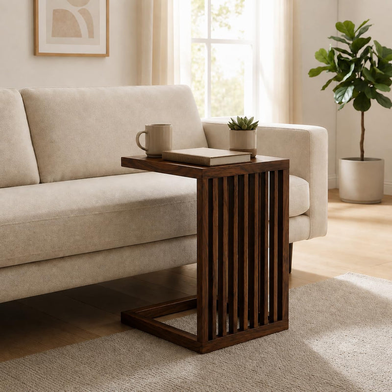 Solid Sheesham Wood C Shape Side Table for Living Room | Modern Sofa End Table | Wooden Laptop Table for Bed | 