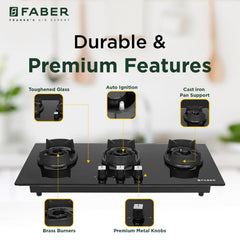Faber 3 Burner 80cm Eros Hob |Auto-Ignition|Metal Knobs| Cast Iron Pan Support |Hob/Cooktop Hybrid| Black Glass Finish |