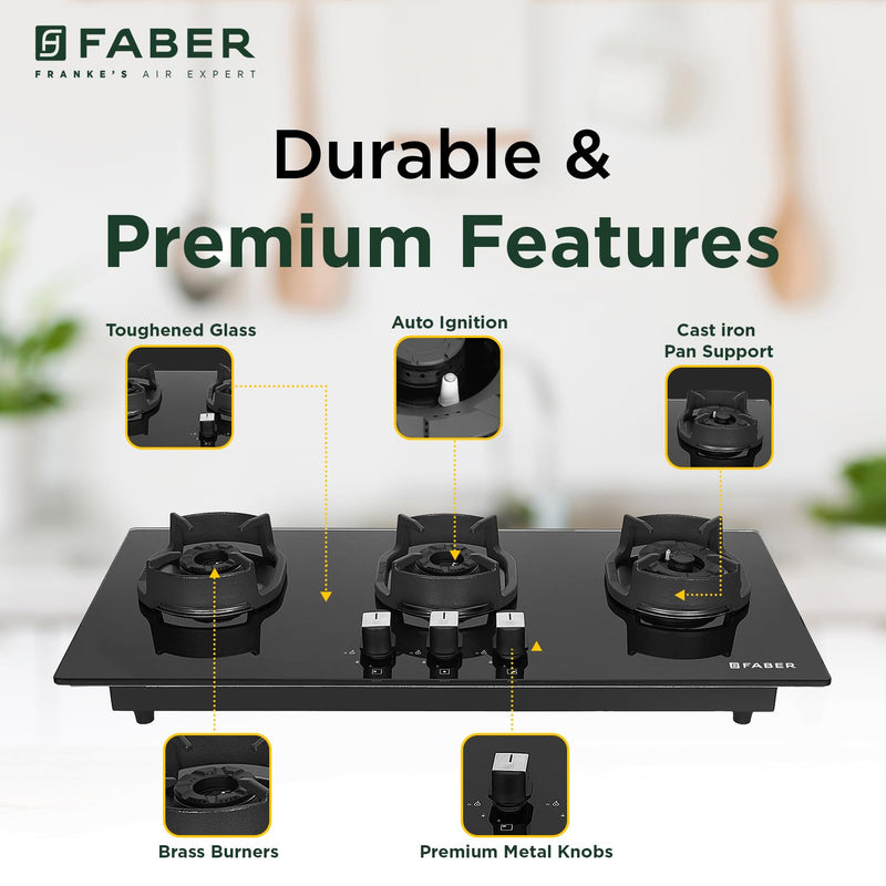 Faber 3 Burner 80cm Eros Hob |Auto-Ignition|Metal Knobs| Cast Iron Pan Support |Hob/Cooktop Hybrid| Black Glass Finish |