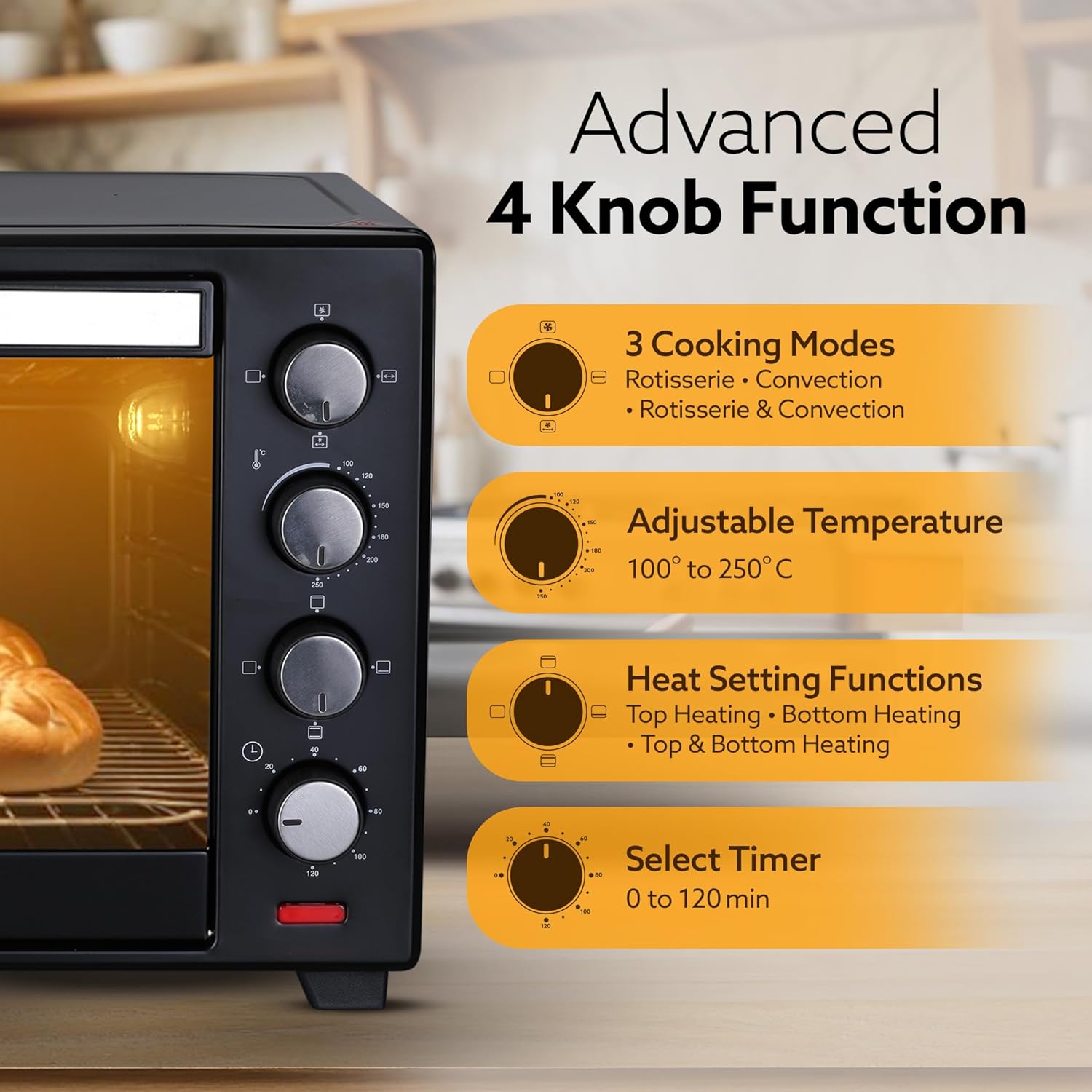 AGARO Marvel 48 Liters Oven Toaster Griller, Motorised Rotisserie and Convection Cake Baking OTG with 3 Heating Mode, (Black)