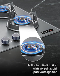 Sujata 5 Burner Gas Stove Glass Top | 5 Years Warranty | Gas Chulha, Auto Ignition Gas Stove, CookTop cum Hob Top, LPG & PNG Compatible, Brass Burner (Palladium FFD Auto Ignition Black)