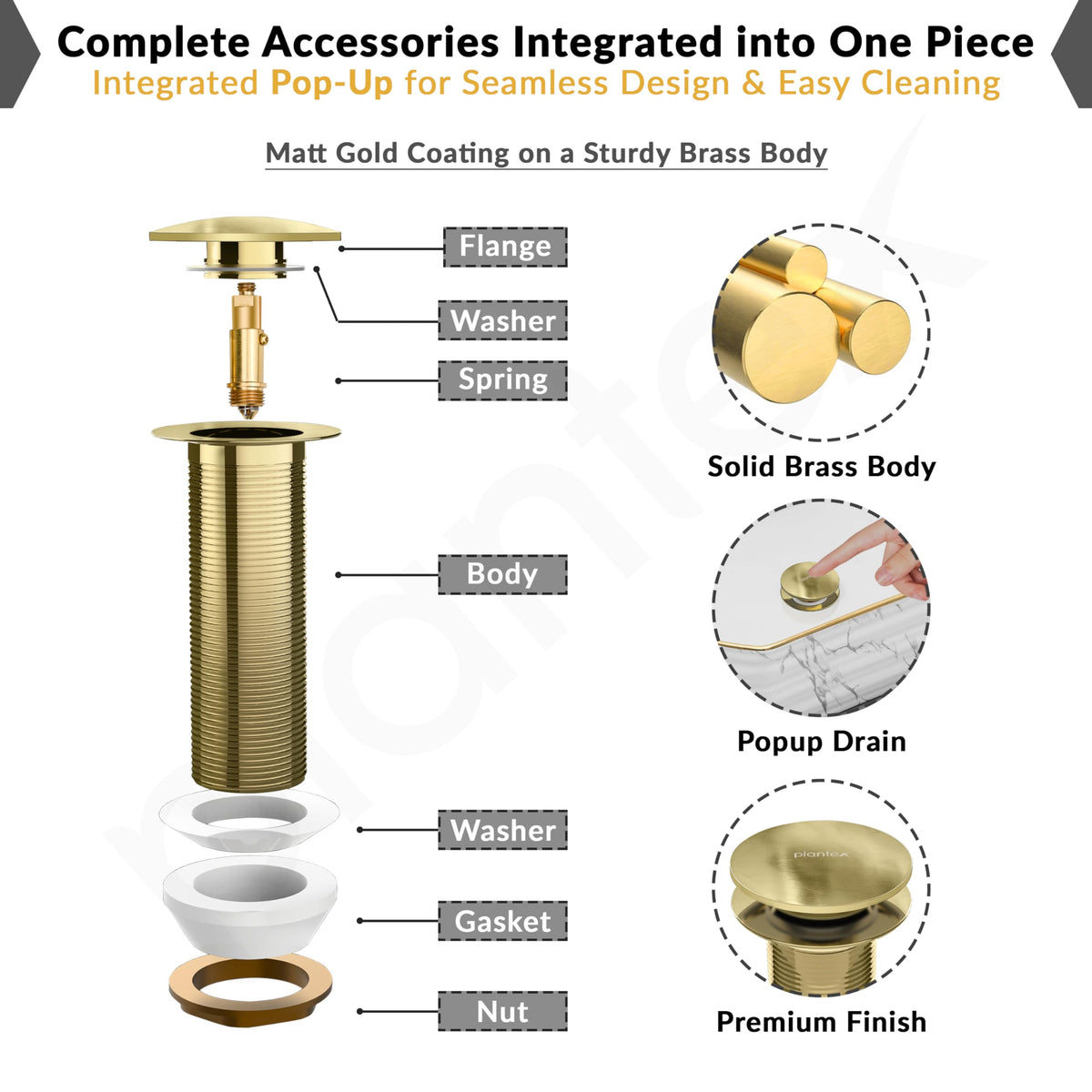 Plantex Pure Brass Waste Coupling for Wash Basin/5 inch Drain Out let System Full Thread Sink Waste Coupling - Pack of 1 (Matt Gold)-5