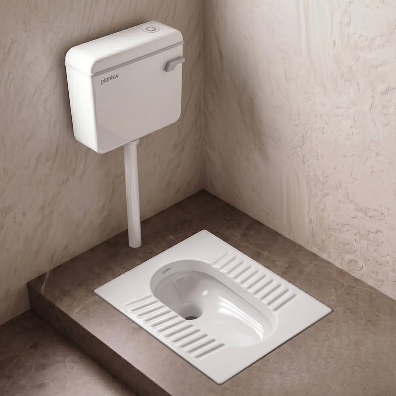 Plantex Indian Toilet with Flush Tank/Ceramic Squating Pan/Flushing Cistern for Bathroom/Indian Commode with 8 ltr. Capacity Flush Tank - Combo (White) (Model APS-2262)-1