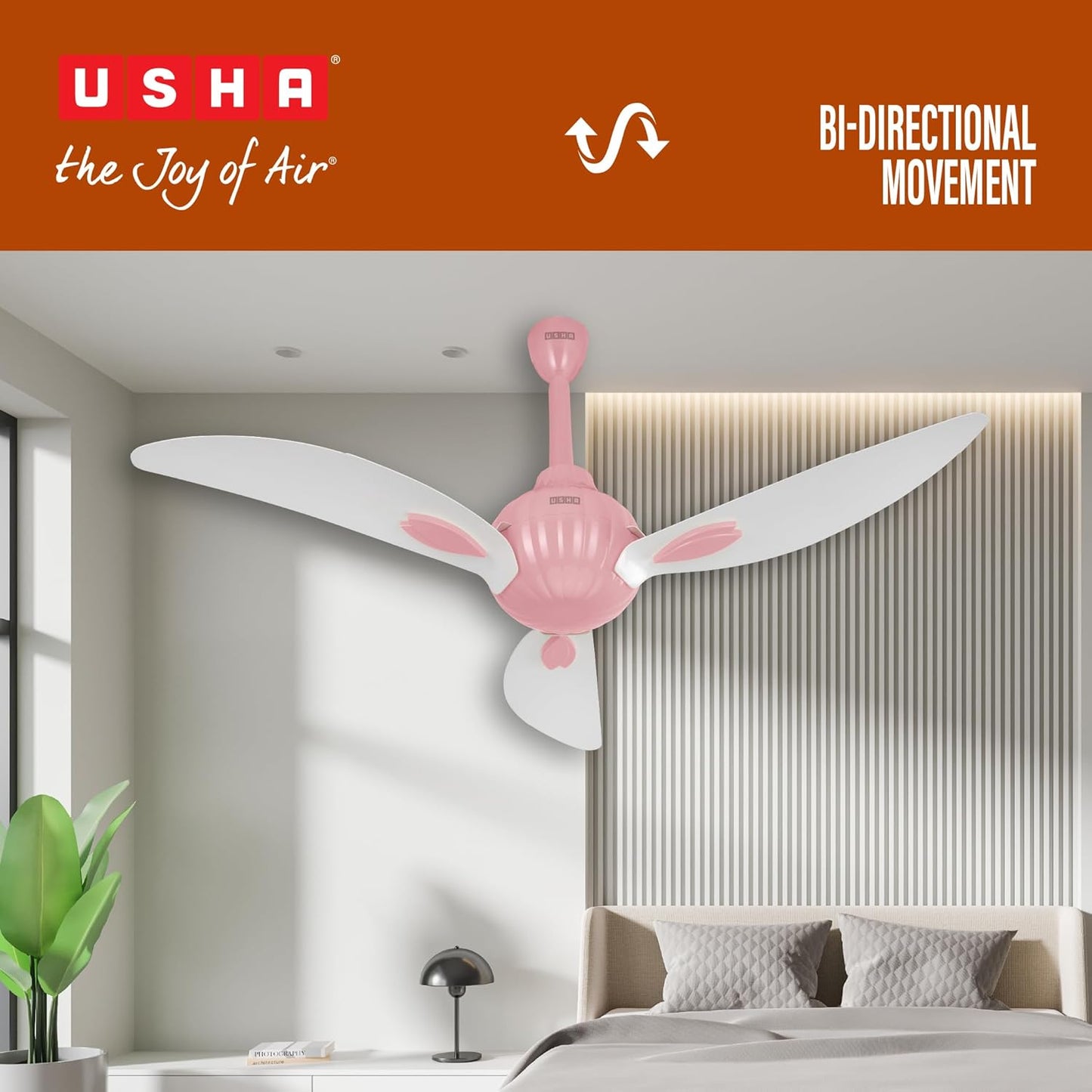 USHA New Bloom Series Helenium (Inspired by Helenium) BLDC Ceiling Fan with Bi-Directional Feature | Sleep/Boost/Timer Modes | RF Remote | Whisper-Quiet | Dust-Resistant (White & Light Pink)
