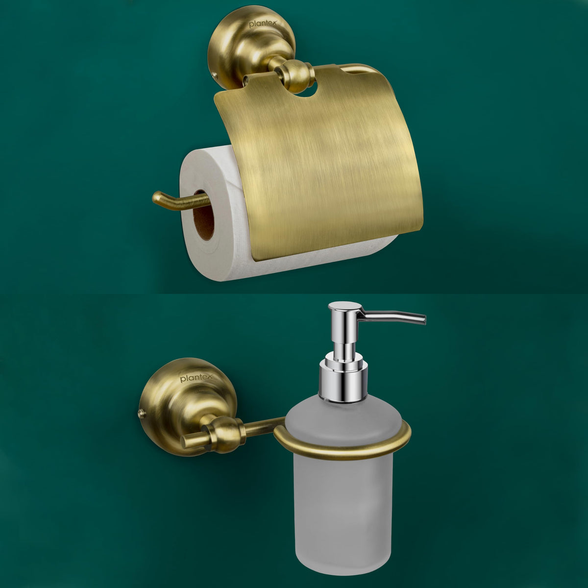 Plantex 304 Grade Stainless Steel Washroom Set of 2 - Toilet Paper Holder/Stand/Liquid Soap Dispenser - Skyllo (Brass Antique)-1