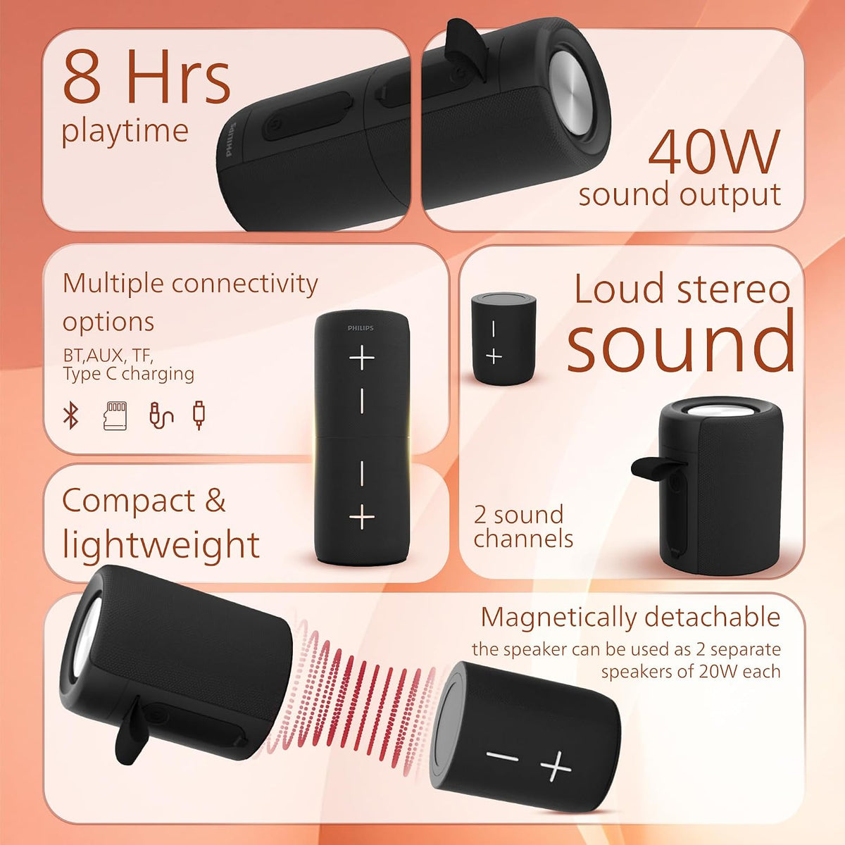 Philips TAS4400BK/94 Wireless Bluetooth Speaker, 40W, 8H Playtime, 52mm Driver, IPX4 Resistant, LED Indicator