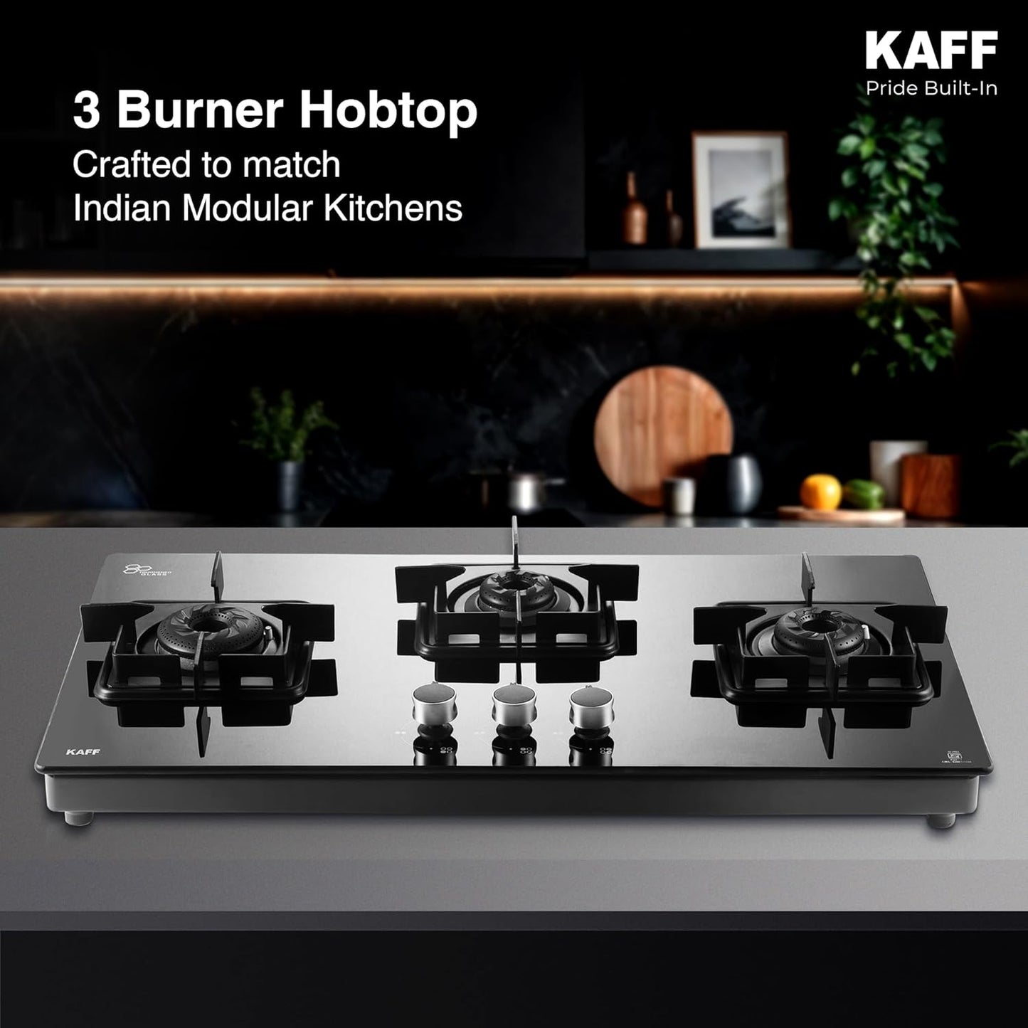 KAFF 3 Burner Cooktop for Kitchen | 71CM With Ignition | For Modern Kitchen | Ergonomic Knob |Tri-Pin Brass Burners| ISI Certified | Black | CTS713BAI
