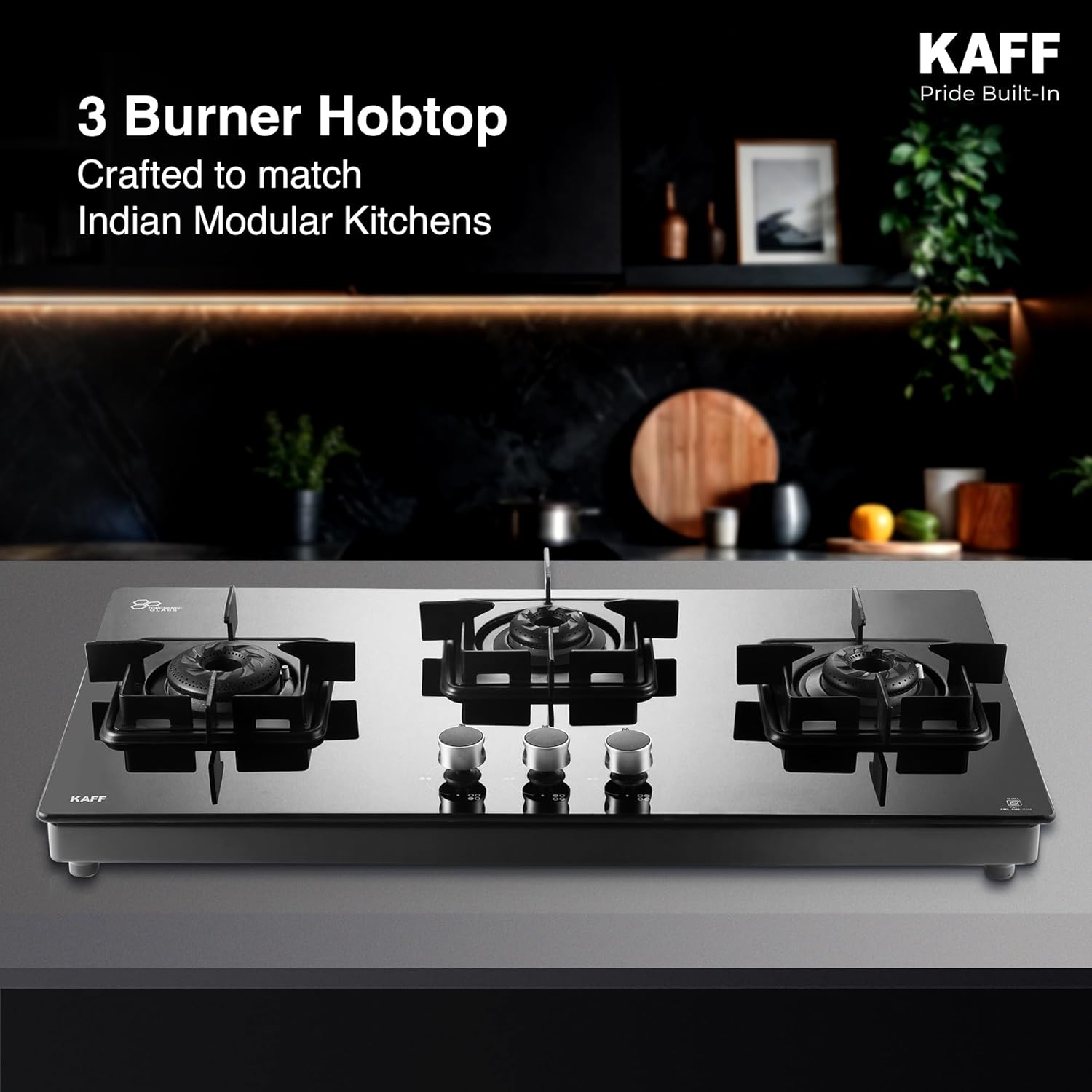 KAFF 3 Burner Cooktop for Kitchen | 71CM With Ignition | For Modern Kitchen | Ergonomic Knob |Tri-Pin Brass Burners| ISI Certified | Black | CTS713BAI