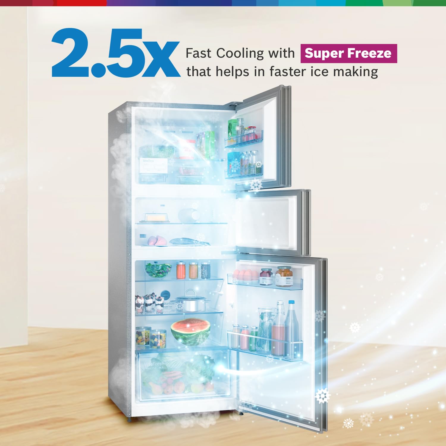 Bosch MaxFlex Convert 303L 3 Star Inverter Frost Free Triple Door Refrigerator (2023 model, CMC33S03NI, 8-in-1 Convertible, UV Protected Body Shield, VitaFresh Technology, Adaptive UI, Sparkly Steel)