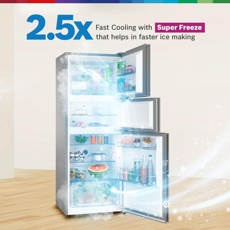 Bosch MaxFlex Convert 303L 3 Star Inverter Frost Free Triple Door Refrigerator (2023 model, CMC33S03NI, 8-in-1 Convertible, UV Protected Body Shield, VitaFresh Technology, Adaptive UI, Sparkly Steel)