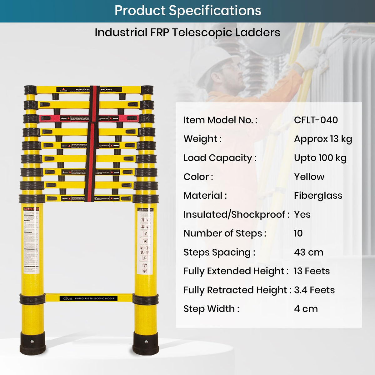 Corvids 4.0m (13 Feet) Portable & Compact Heavy-Duty FRP Telescopic Ladder with 10 Steps | Shockproof & Non-Conductive | Collapsible Multipurpose Ladder for Home, Industrial & Outdoor Use