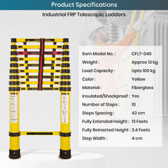 Corvids 4.0m (13 Feet) Portable & Compact Heavy-Duty FRP Telescopic Ladder with 10 Steps | Shockproof & Non-Conductive | Collapsible Multipurpose Ladder for Home, Industrial & Outdoor Use