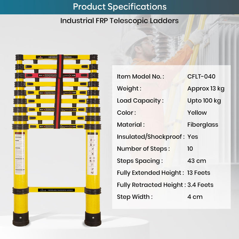 Corvids 4.0m (13 Feet) Portable & Compact Heavy-Duty FRP Telescopic Ladder with 10 Steps | Shockproof & Non-Conductive | Collapsible Multipurpose Ladder for Home, Industrial & Outdoor Use