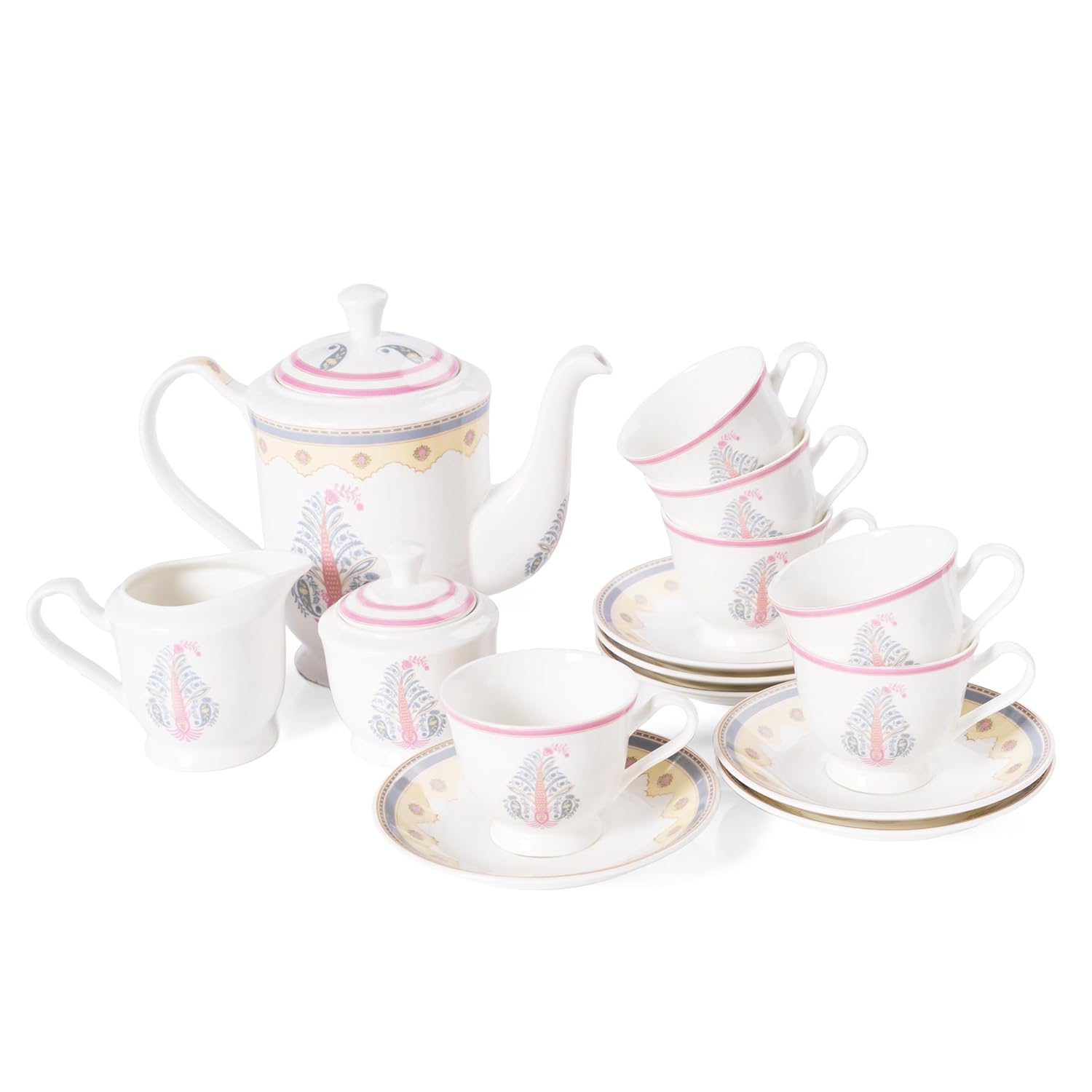 Clay Craft Fine Ceramic Tea Set of 15-1 Tea Pot with Lid +6 Cups+6 Saucers +1 Milk Pot + 1 Sugar Pot (Georgian Super S370)