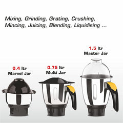 Vidiem Lilly 650W Mixer Grinder (Yellow) | 3 Leakproof Jars with Self-Lock | Wet & Dry Grinding for Spices, Chutneys & C