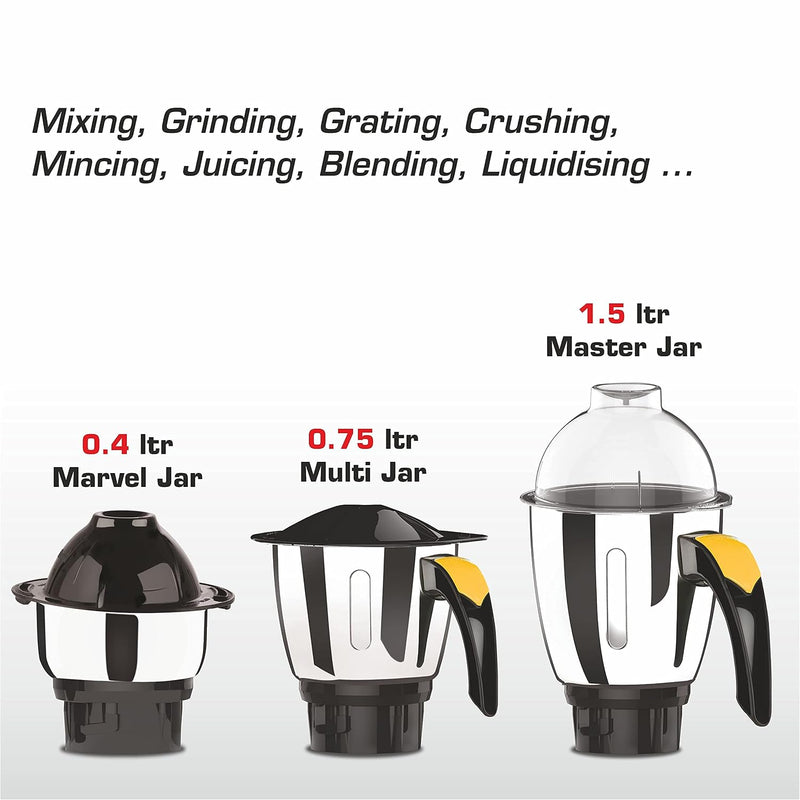 Vidiem Lilly 650W Mixer Grinder (Yellow) | 3 Leakproof Jars with Self-Lock | Wet & Dry Grinding for Spices, Chutneys & C