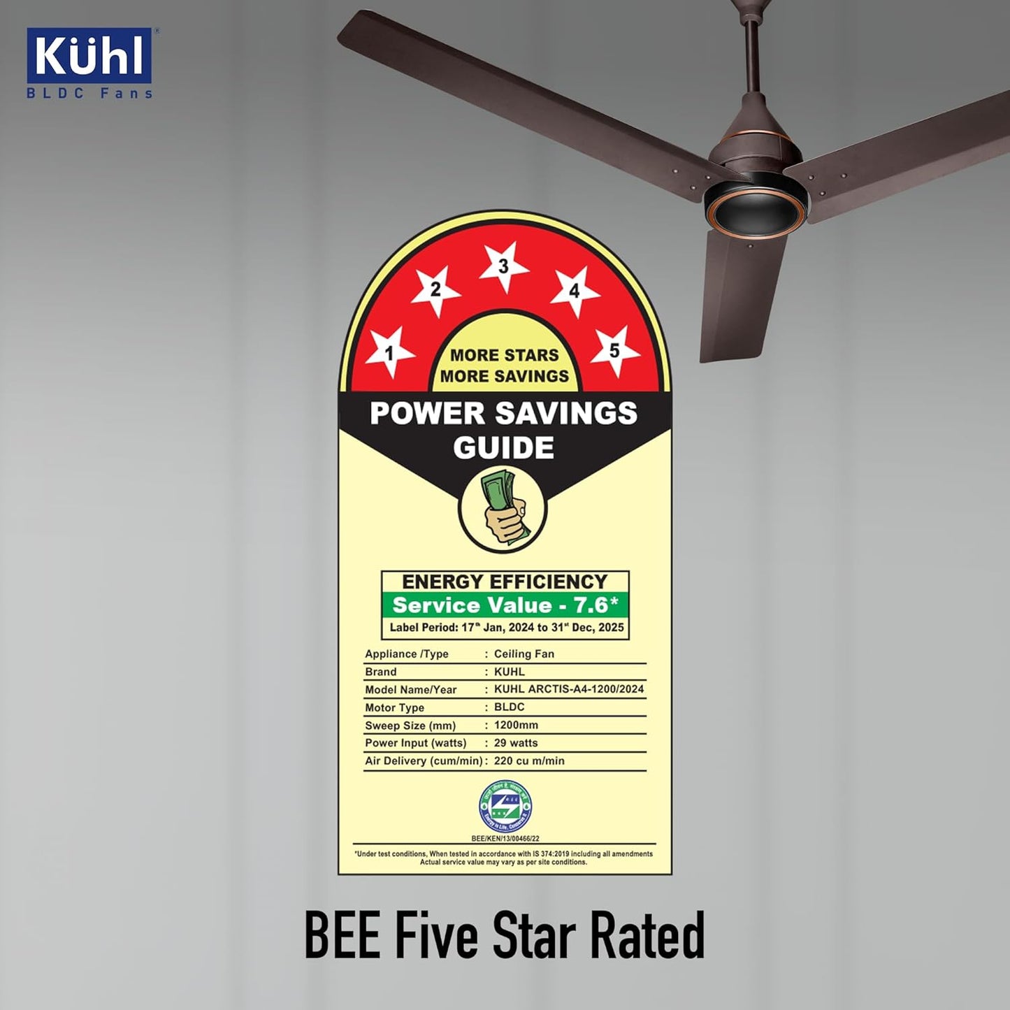 KUHL Arctis A4 1200 mm BLDC 65% Power Saving BLDC Ceiling Fan With Remote | BEE 5 Star Rated & ISI Marked | High Air Flow | 5 Year Warranty on Motor | Espresso Dual