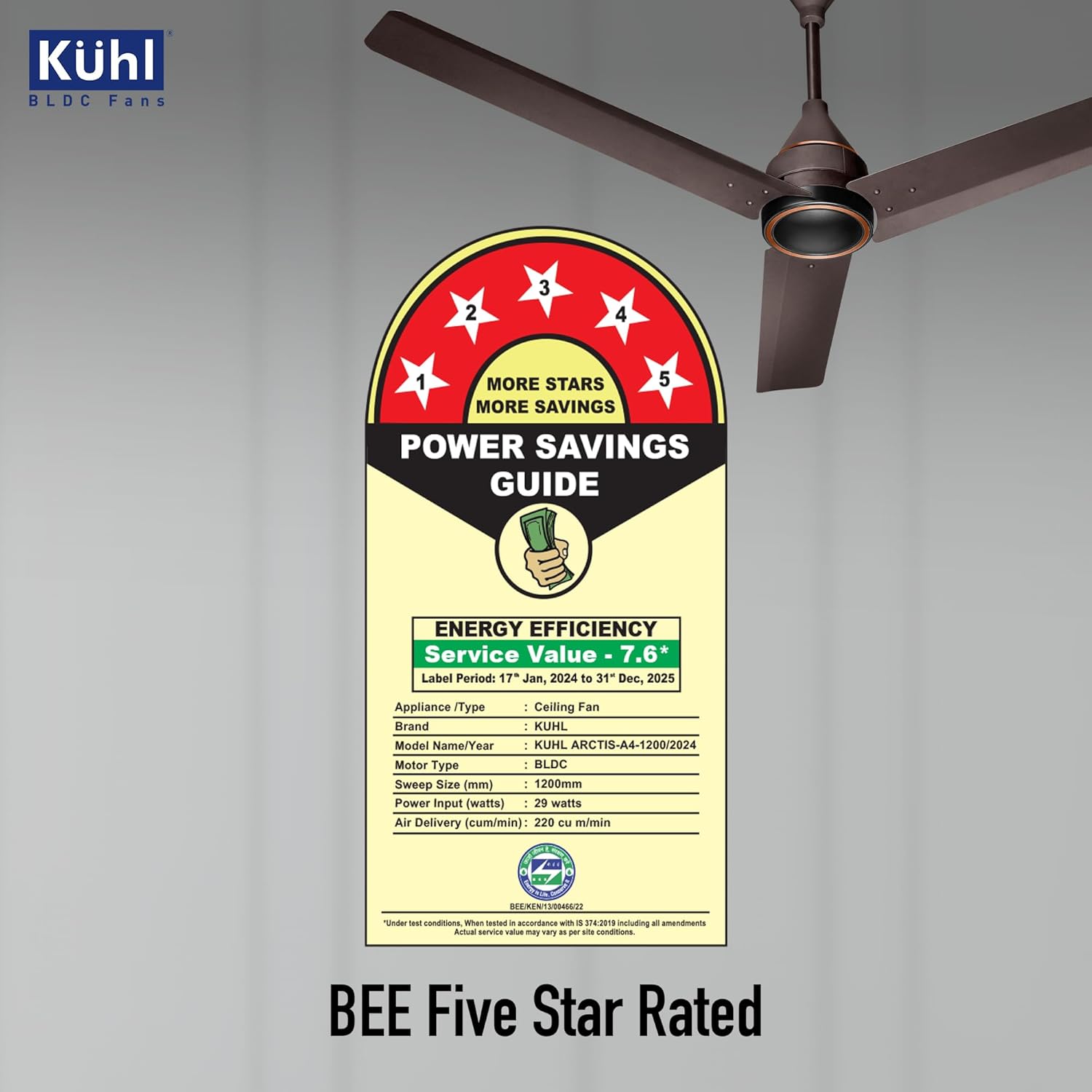 KUHL Arctis A4 1200 mm BLDC 65% Power Saving BLDC Ceiling Fan With Remote | BEE 5 Star Rated & ISI Marked | High Air Flow | 5 Year Warranty on Motor | Espresso Dual