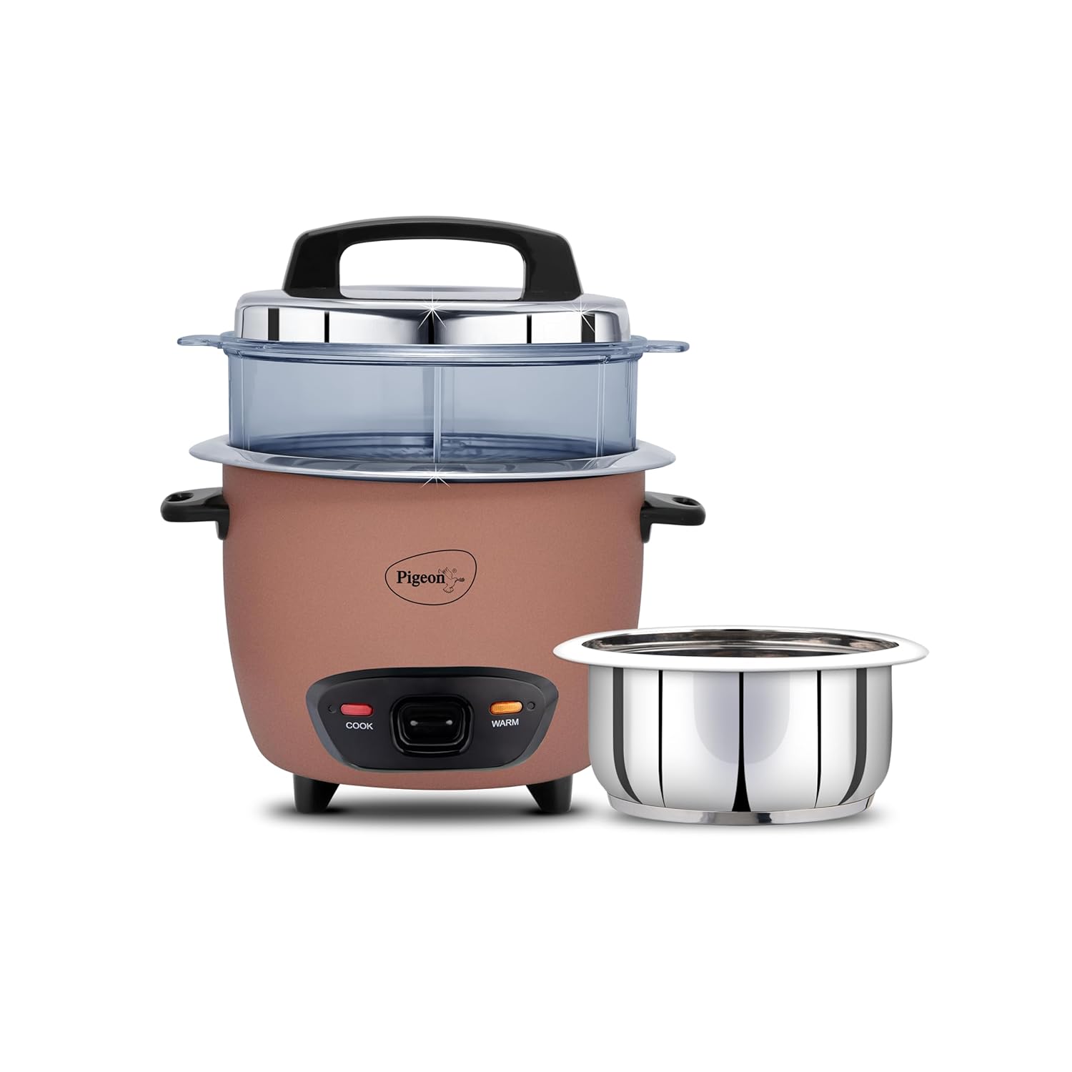 Pigeon Inox Pro Rice Cooker with Steamer, 1 litres | Stainless Steel Lid | 400 Watts | 1 Steel Cooking Pot | Measuring Cup | Spatula | Energy Efficient Cooking (Pink)
