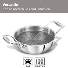 Hawkins Pro 1.5 Litre Shielded Nonstick Triply Deep-Fry Pan, Kadhai with Stainless Steel Handles and Glass Lid, Silver (PSNK15G), 18 cm