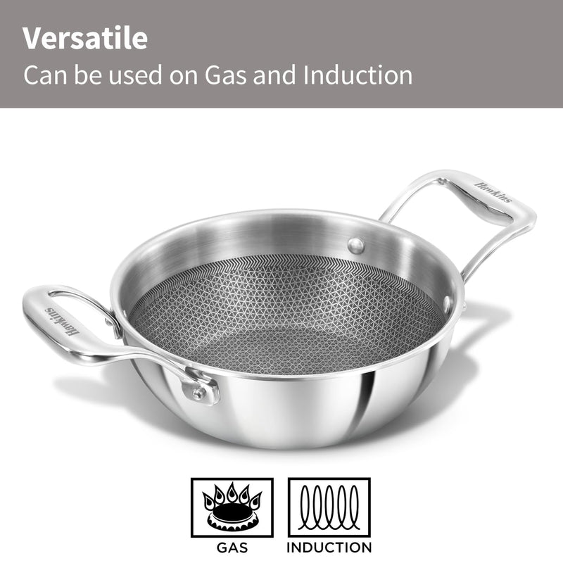 Hawkins Pro 1.5 Litre Shielded Nonstick Triply Deep-Fry Pan, Kadhai with Stainless Steel Handles and Glass Lid, Silver (PSNK15G), 18 cm