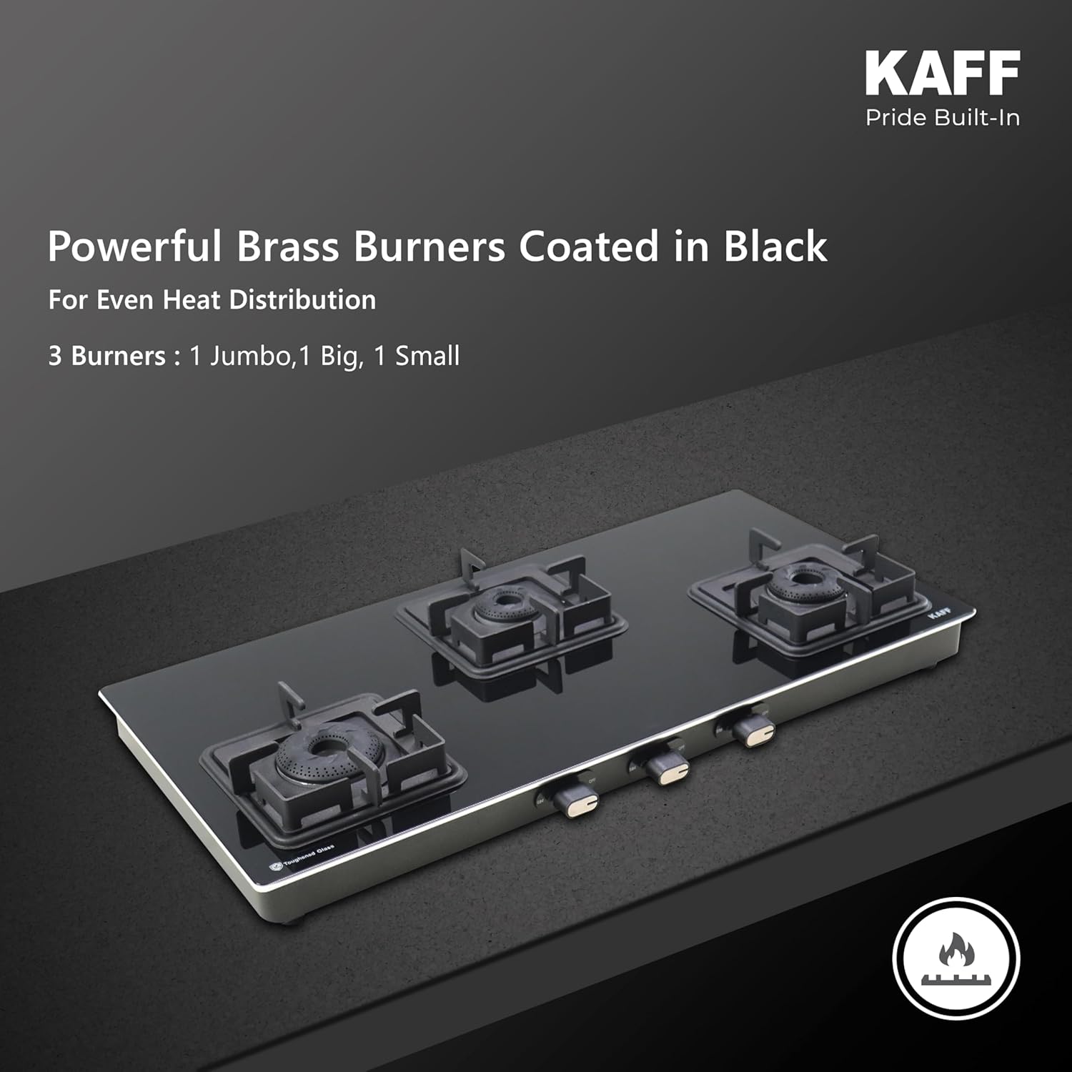 KAFF Gas Stove/Cooktop 3 Burners 77 CM, Black Coated Brass Burners With Auto Electric Ignition, Decorative SS Moulded Strip on All Sides for Edge Protection Black | CTQ773BAI