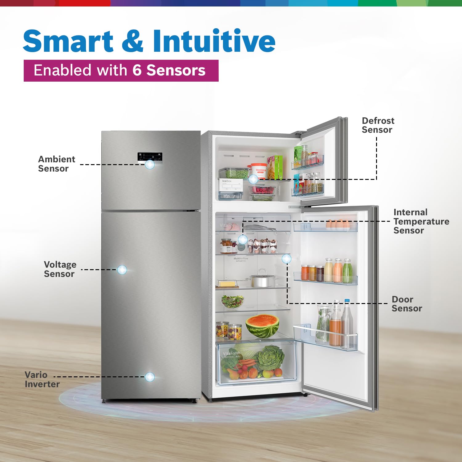 Bosch 243L 3 Star Inverter Frost free Double Door Refrigerator (2023 Model, CTC27S031I, 6-in-1 Convertible, 18 Hours Cooling Retention, Digital Display, Super Freeze, 80min Covert, Silver Inox)